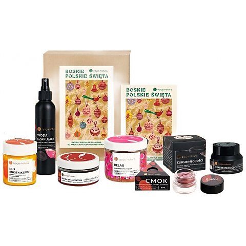 Boskie Polskie Święta zestaw woda czarująca + słodki peeling do ciała + ochronne masło do ust z żurawiną + eliksir młodoścI + mus rokitnikowy do ciała + maseczka do twarzy z glinką czerwoną